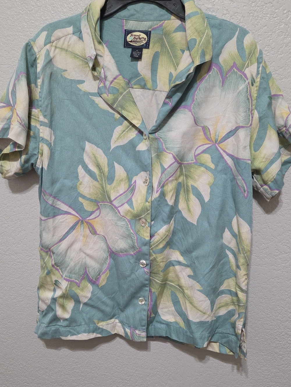 Tommy Bahama Light Teal Floral Camp Shirt with White and Cream Blooms